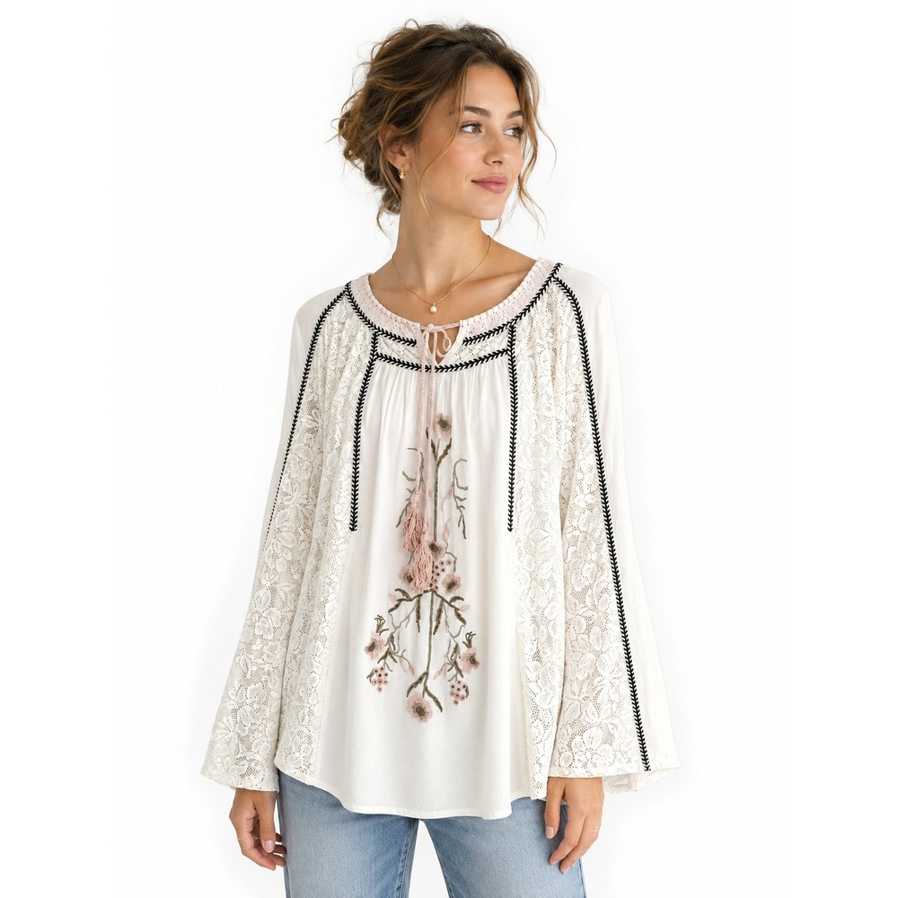 Denim 24/7 Boho Embroidered Lace Bell Sleeve Peasant Blouse White 16W Tassel